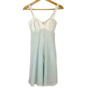 VTG Olga 1970s/1980s Soft Blue White Floral Lace Chiffon Sheer Short Nightgown